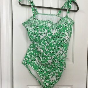 Women’s swimsuit Lands end. 18W. Lime green floral/gathered bodice. New.